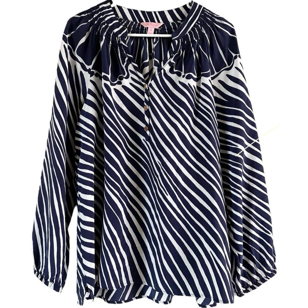 Lilly Pulitzer Elsa Tunic Blouse Zebra Print V Neck 100% Silk Blue White Medium